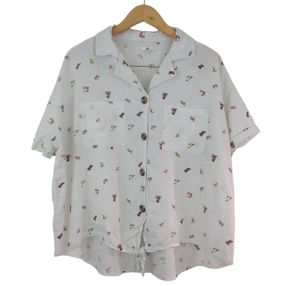 Dip Womens Sz 1X Linen Floral Fruits Button Tie Front Blouse Casual Boho Top